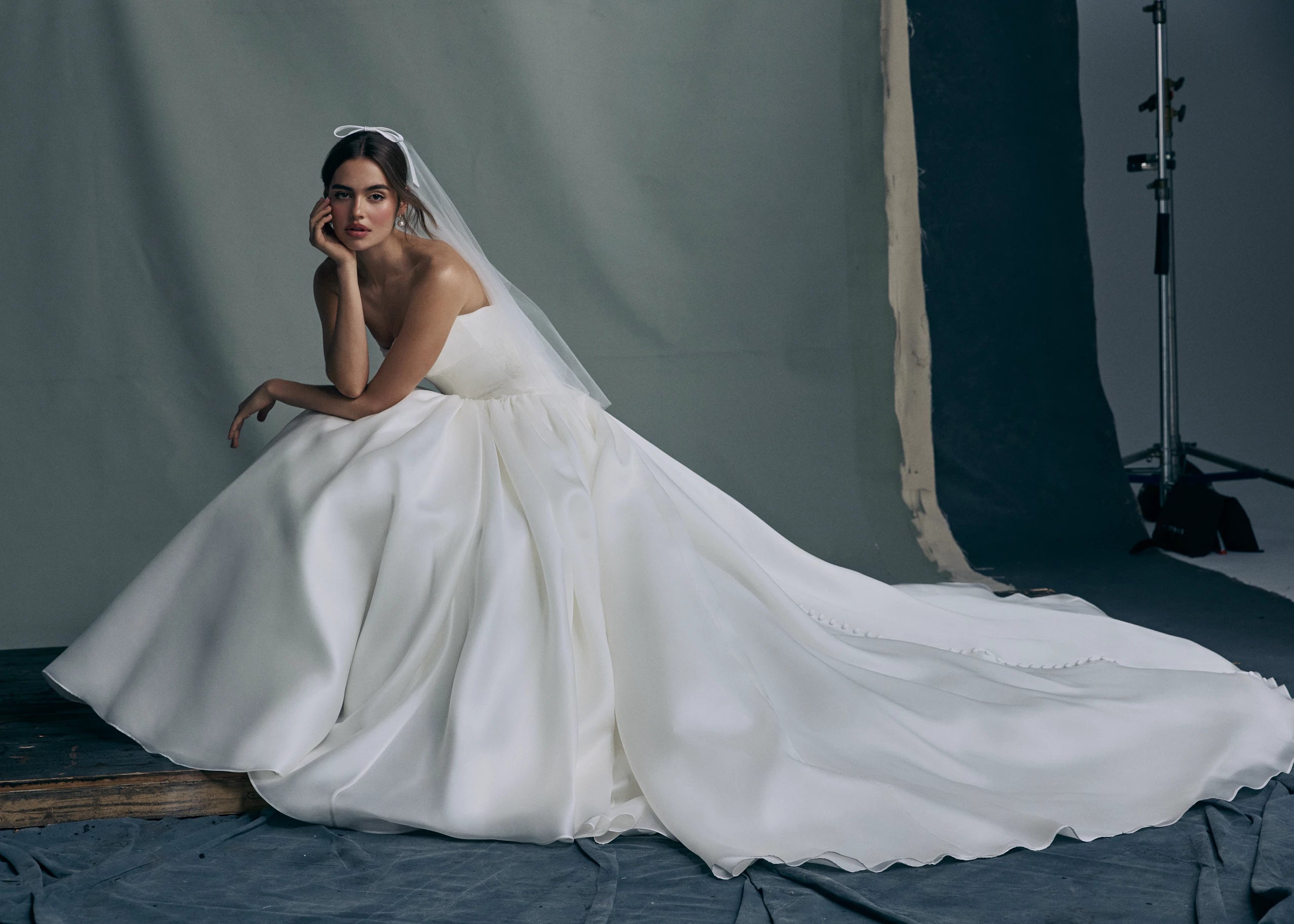 The Noblesse gown by Anne Barge is a contour strapless drop waist ball gown of Silk Satin Organza with a draped neckline, delicate French Alençon lace appliqués, and a gathered skirt finished with buttons to the hem in Silk White.
Paired with the Noblesse Top, an Illusion tulle long sleeve mockneck topper appliquéd with French Alençon lace.