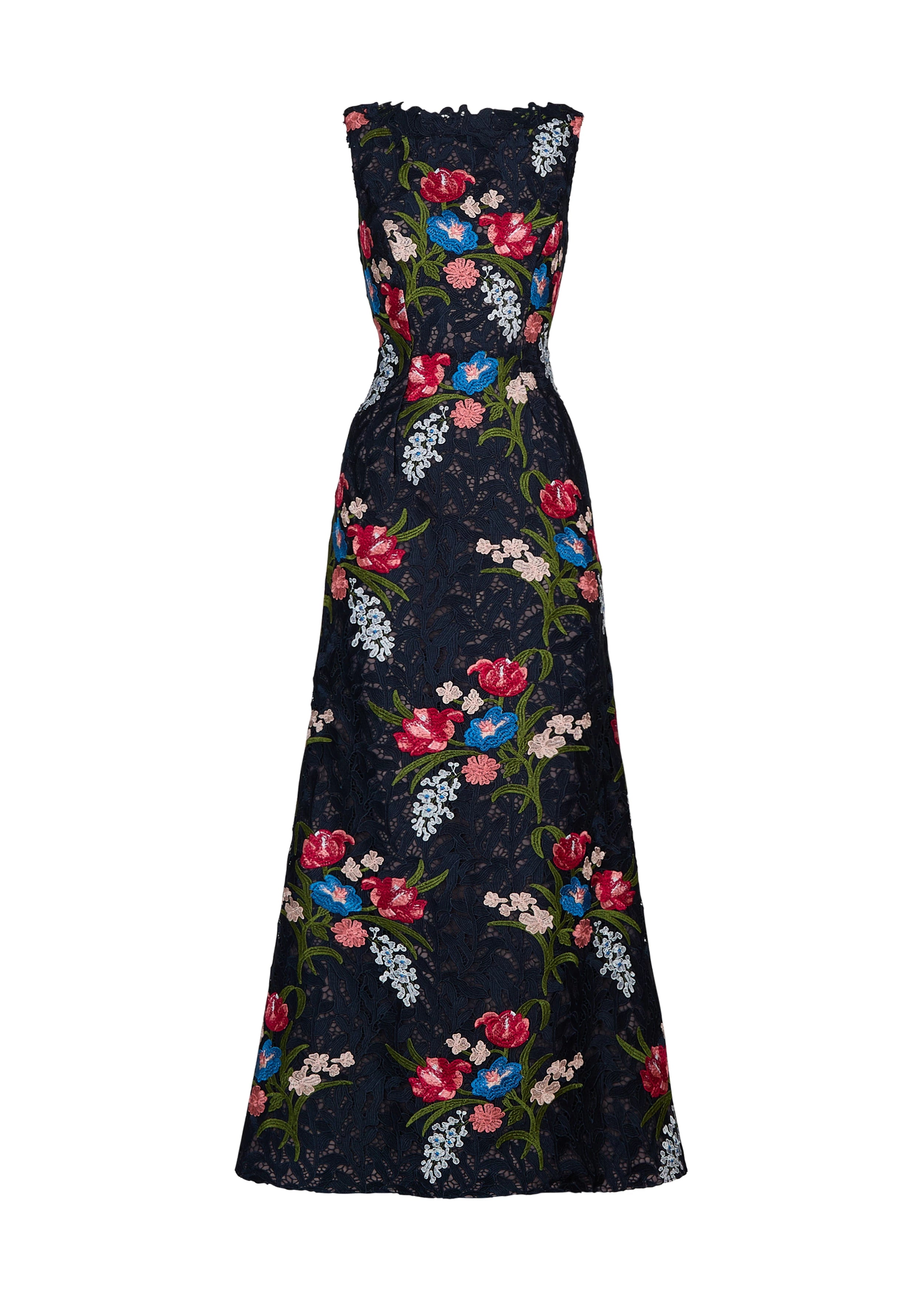 Anne Barge evening gown Renata, a bateau neck columnar gown of Embroidered Guipure Lace. 