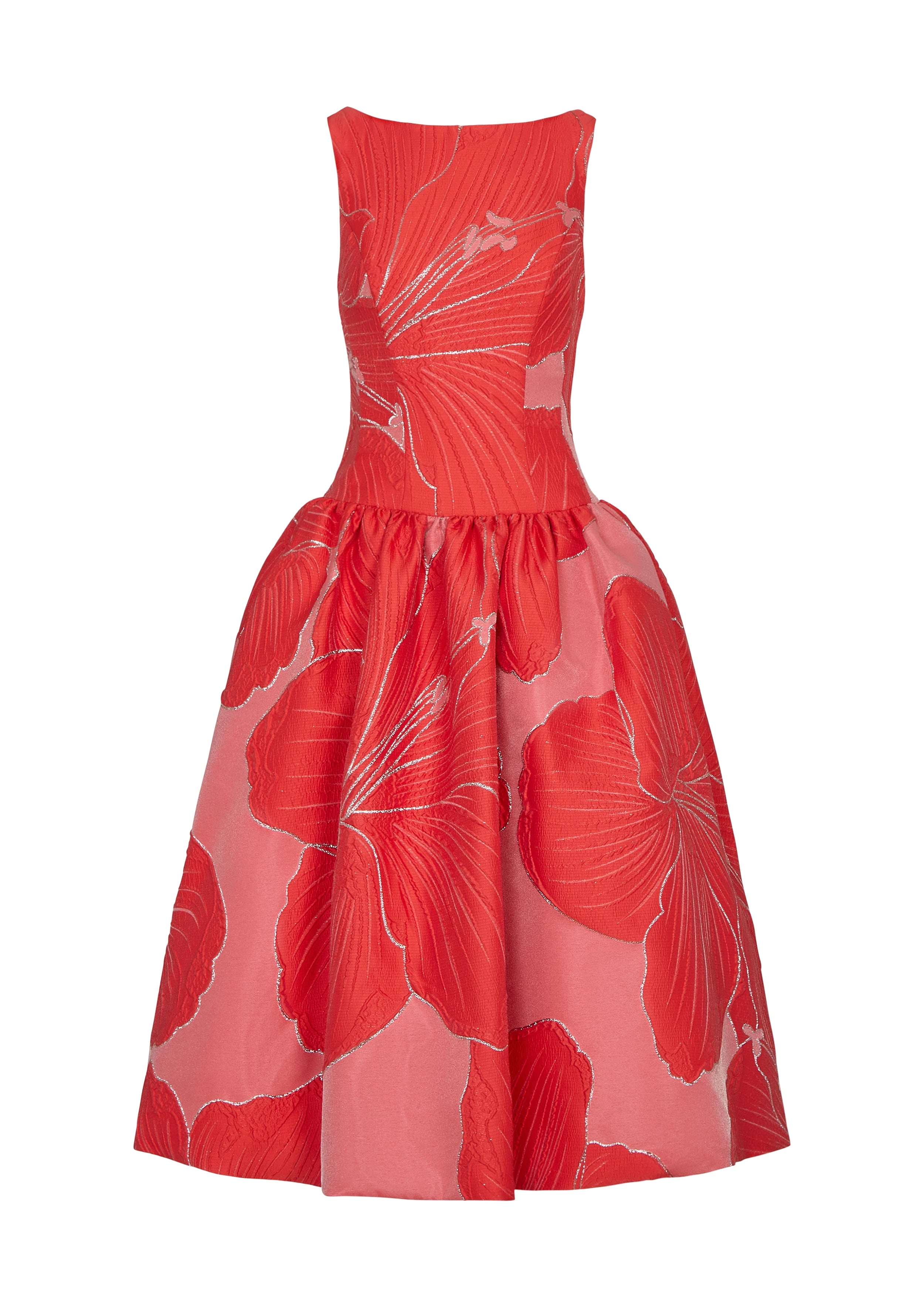 Anne Barge evening gown Rocio, a bateau neck tea-length dress of Petal Canopy Jacquard with drop waist and full, softly gathered skirt. 