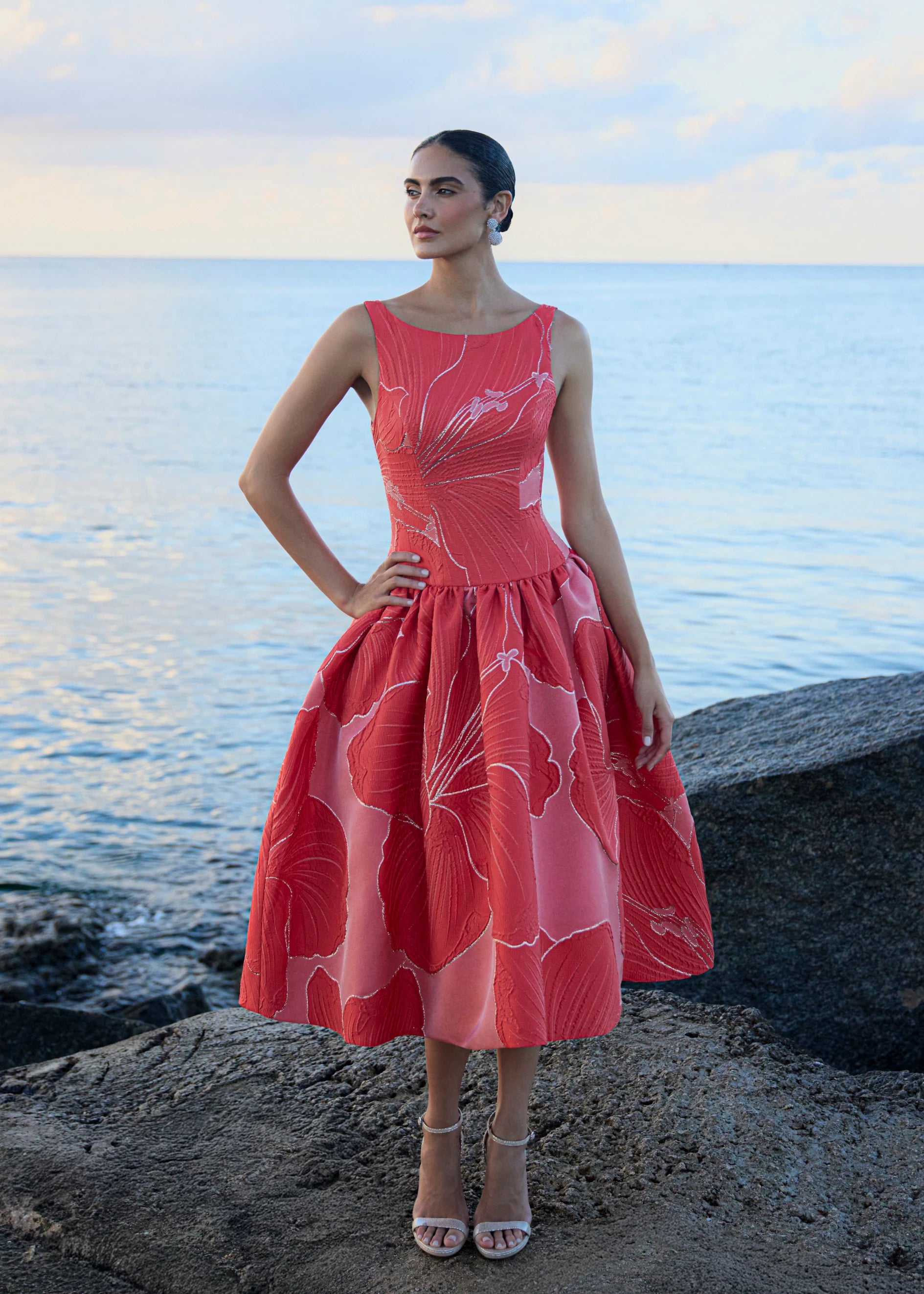 Anne Barge evening gown Rocio, a bateau neck tea-length dress of Petal Canopy Jacquard with drop waist and full, softly gathered skirt. 