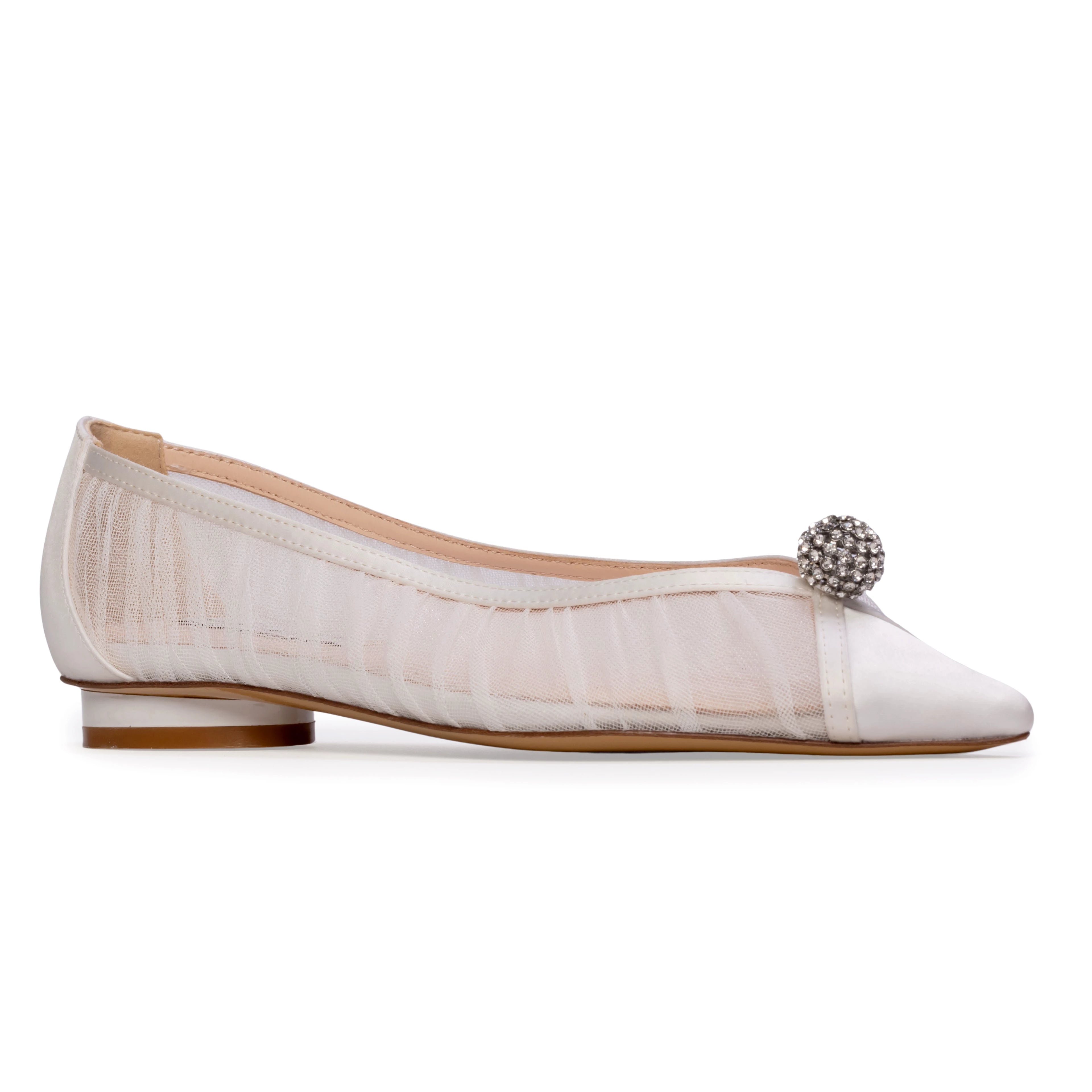 The Anne Barge Sabine wedding shoe, is a pointy toe flat with White Tulle ruching and embellished ball detail, set on a micro heel.