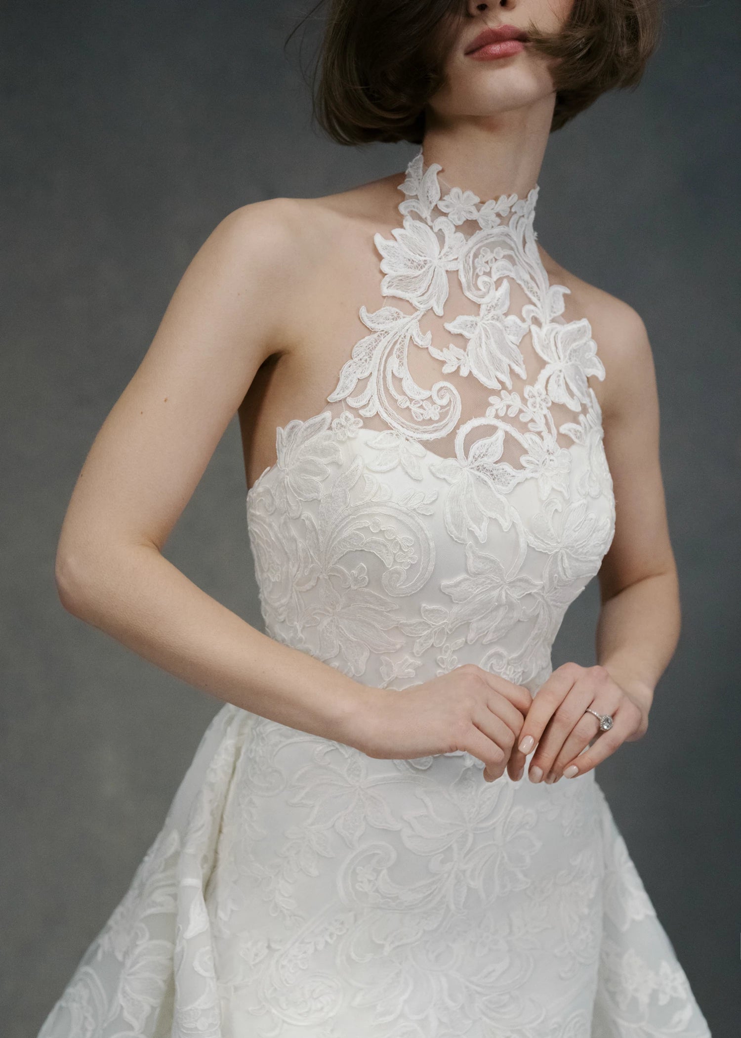 The Selena Train by Anne Barge is a pleated dramatic detachable train of swirling Vine and Leaf Embroidered Lace in Pearl.