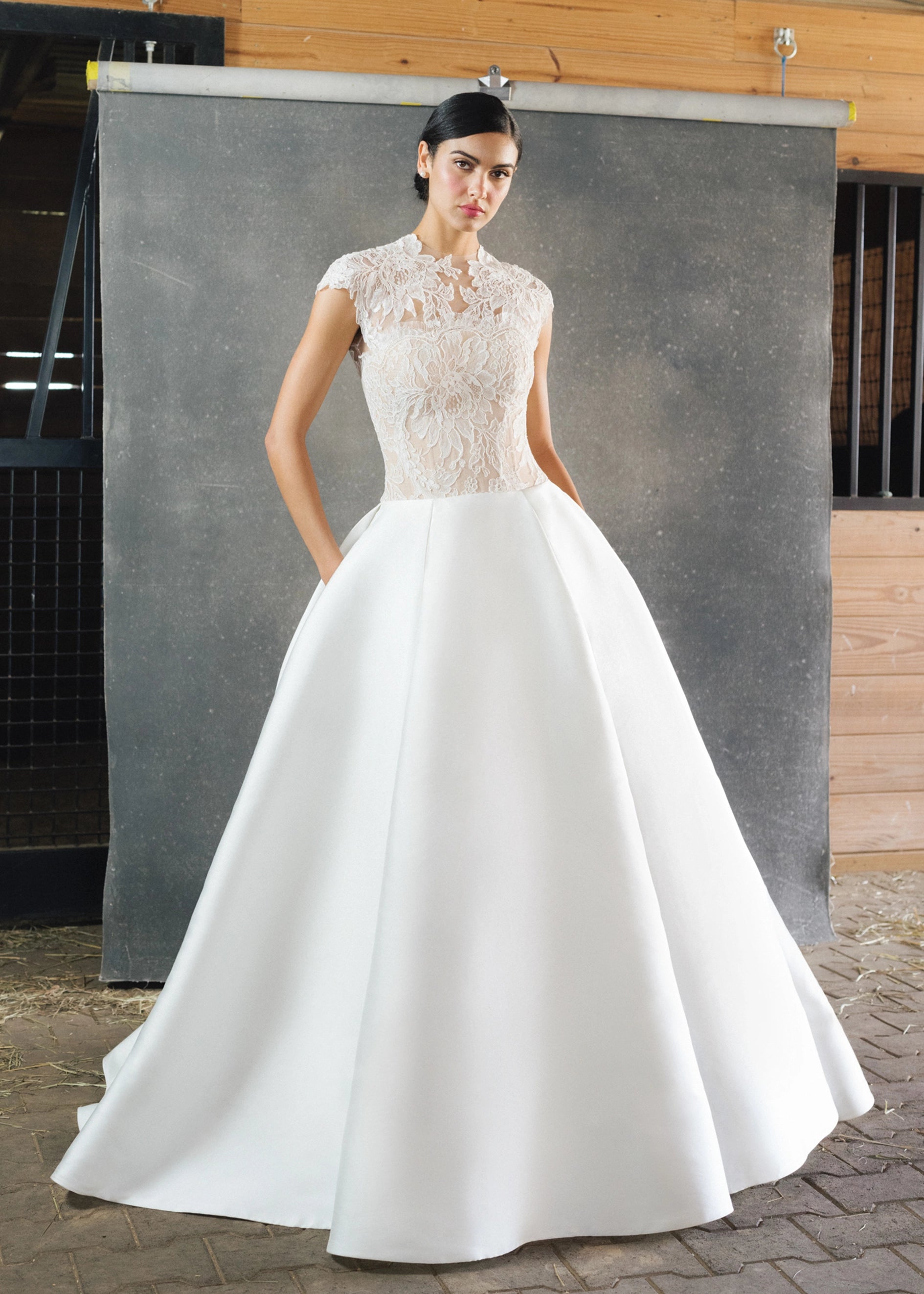 The Wessex Topper by Anne Barge in an illusion tulle cap sleeve topper with Alencon lace appliques in Silk White.