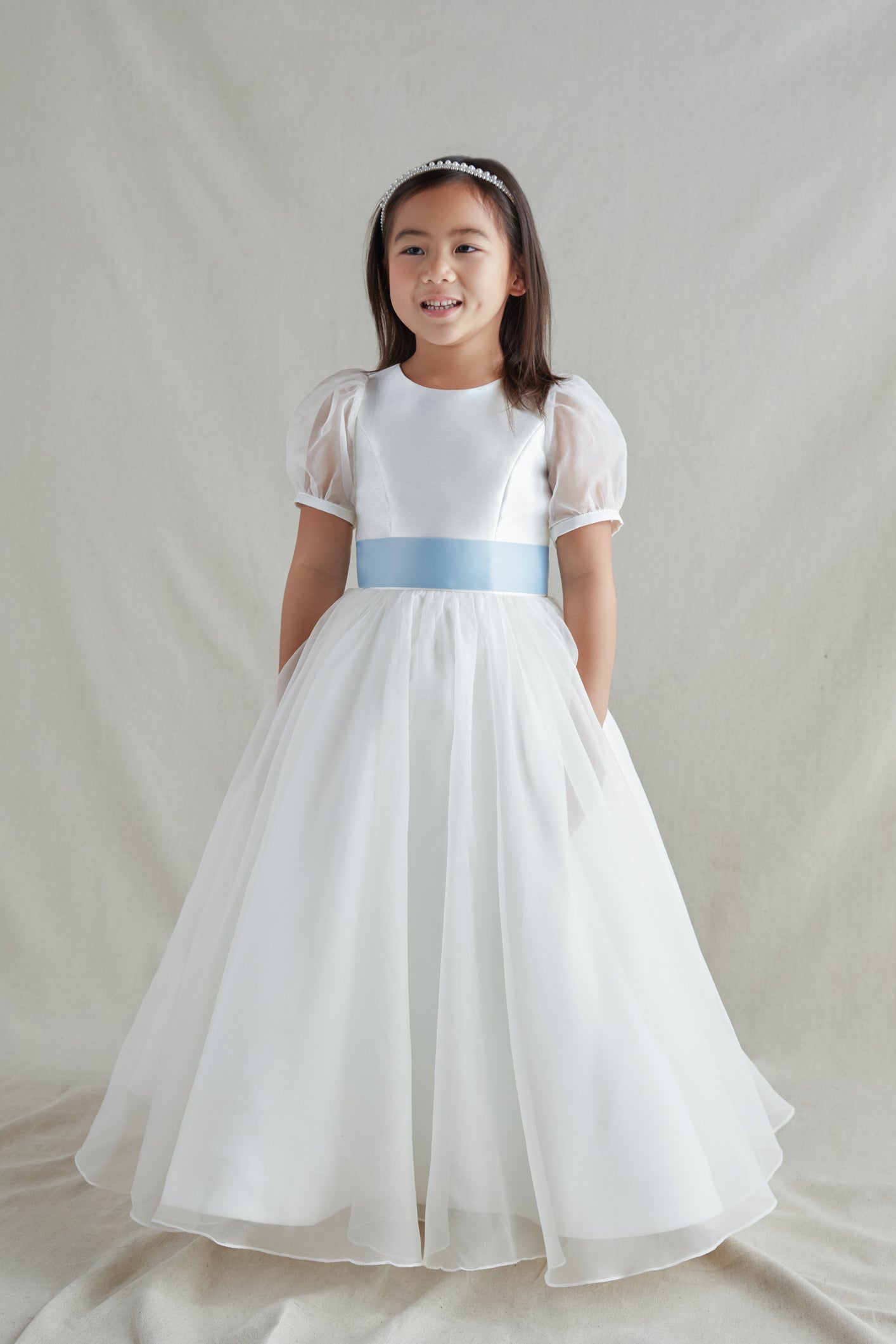 white dress with blue satin sash Flower Girl Tulle Dress with Removable Colored Sash and Flower
